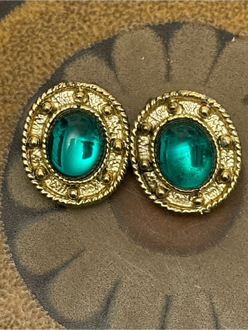 Gold-Tone Earrings with Teal Cabochon Centers